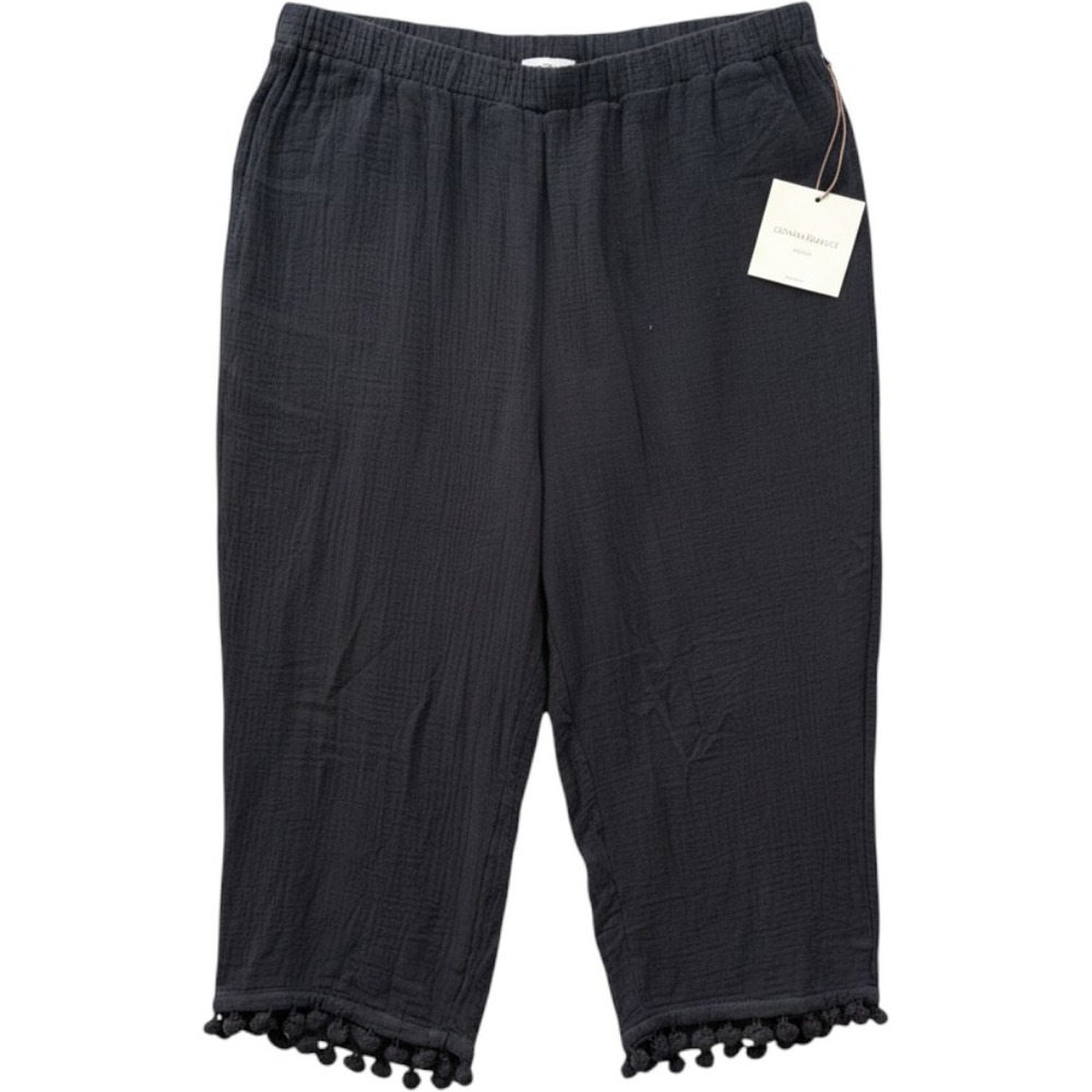 Cynthia Rowley Black Cotton Gauze Cropped Pom Pom Trim Pants Plus Size 2X NWT